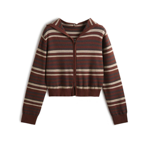 OEM usine personnalisé automne hiver dames décontractées tricots Zip rayé à capuche femmes tricoté pull manteau Cardigan