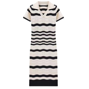 Robe longue en tricot à manches courtes et col en V pour femmes, personnalisée en usine OEM, printemps été, Slim, rayée