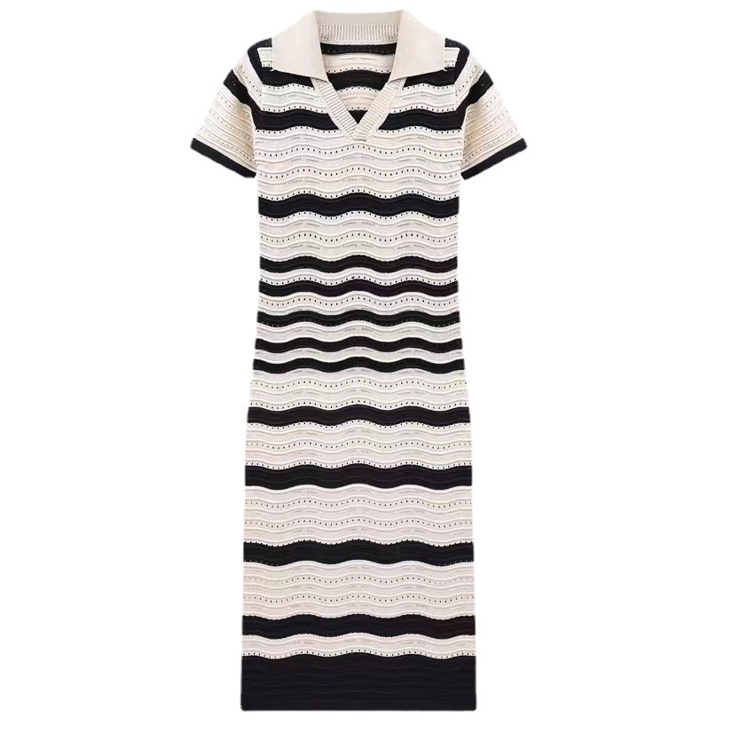 Robe longue en tricot à manches courtes et col en V pour femmes, personnalisée en usine OEM, printemps été, Slim, rayée