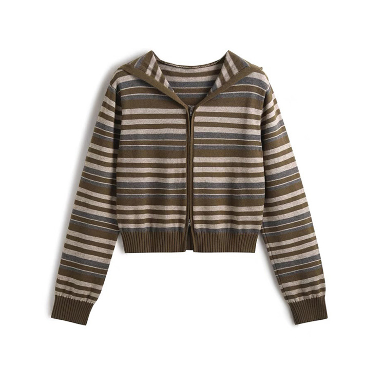OEM usine personnalisé automne hiver dames décontractées tricots Zip rayé à capuche femmes tricoté pull manteau Cardigan