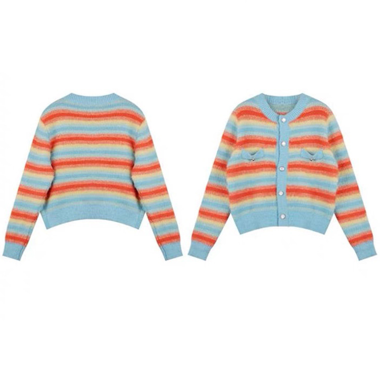OEM usine personnalisé printemps automne dames décontractées Mohair arc-en-ciel pull tricoté manteau hauts Cardigan pour les femmes