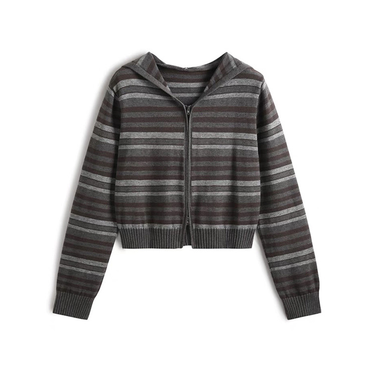 OEM usine personnalisé automne hiver dames décontractées tricots Zip rayé à capuche femmes tricoté pull manteau Cardigan