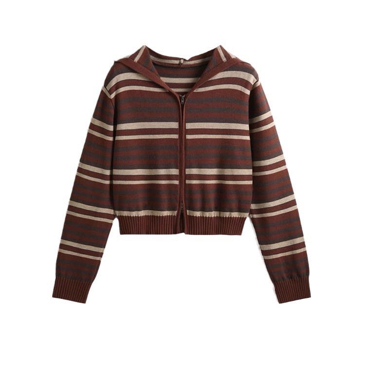 OEM usine personnalisé automne hiver dames décontractées tricots Zip rayé à capuche femmes tricoté pull manteau Cardigan