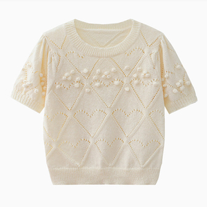 OEM usine personnalisé été concepteur dames tricots évider à manches courtes femmes tricoté chemise hauts pull 