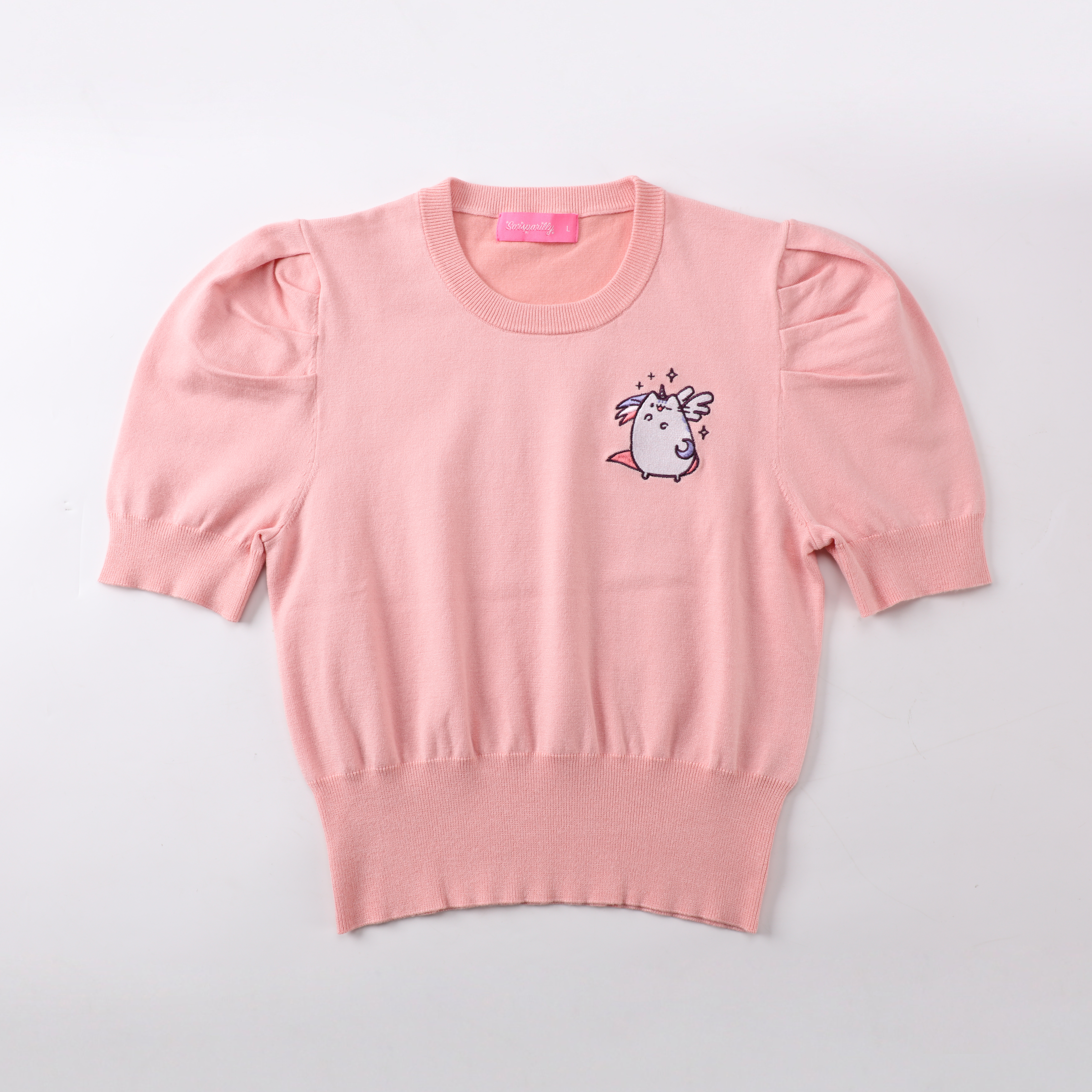 Printemps automne OEM personnalisé rose à manches courtes O-cou imprimé femmes dames pull pull en tricot