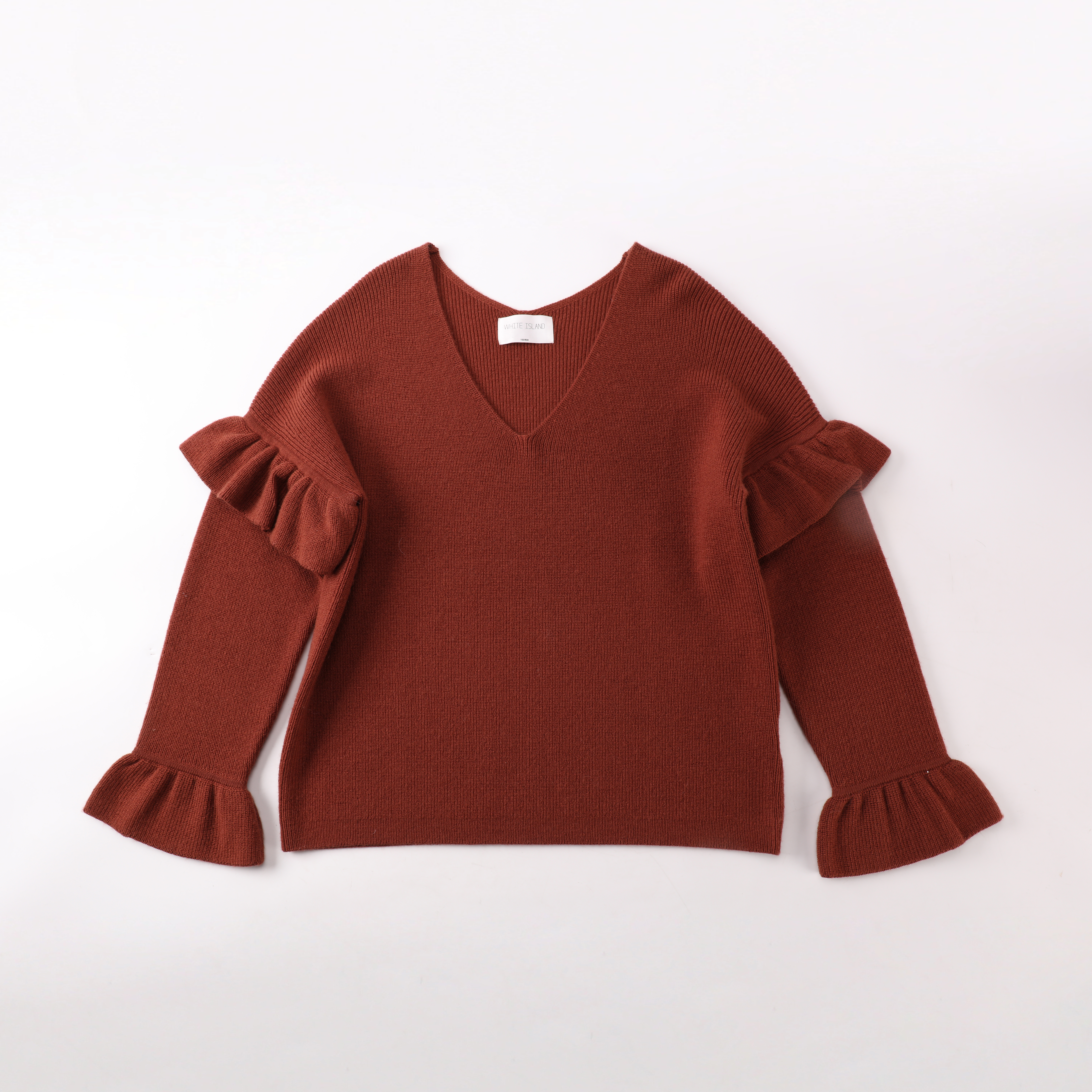 Hiver OEM Custom Red Ruffle Sleeve V-cou Femmes Dames Pull Pull en tricot
