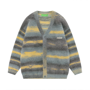 OEM personnalisé automne hiver hommes doux Mohair tricots col en V tricot rayé manteau Cardigan pull 