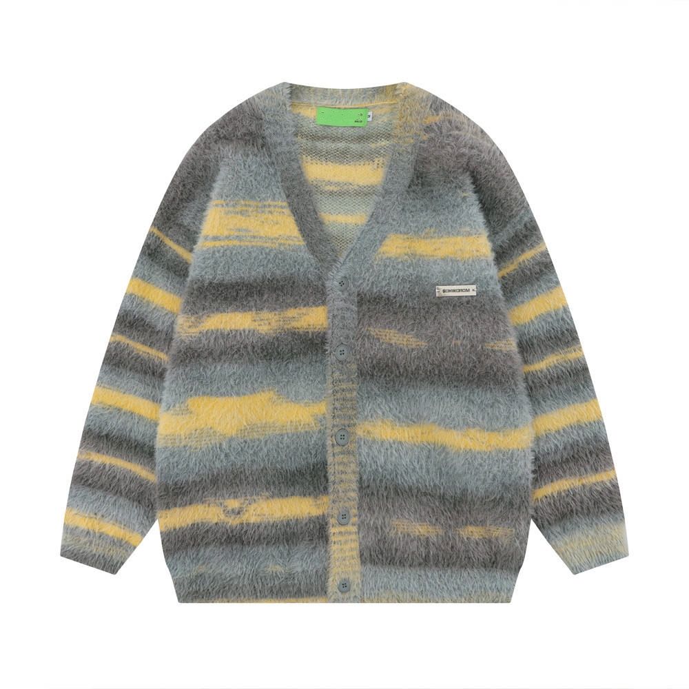 OEM personnalisé automne hiver hommes doux Mohair tricots col en V tricot rayé manteau Cardigan pull 